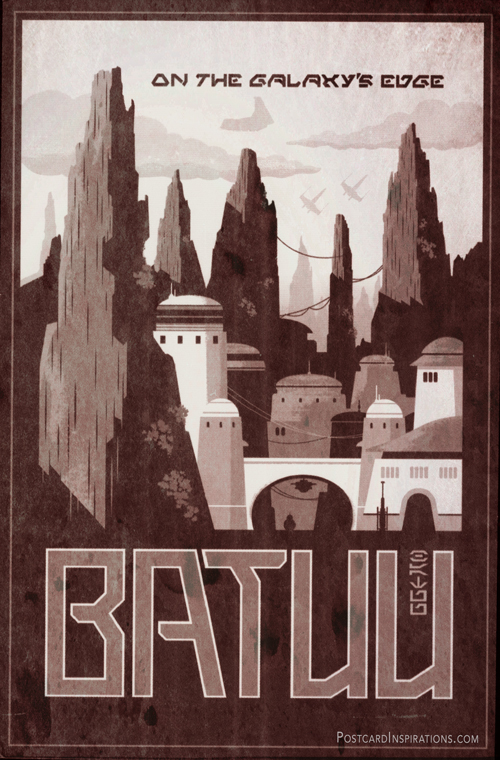 Batuu is home of those who prefer to stay hidden. Located on the galaxy's edge, Batuu was once a busy crossroads in the days prior to lightspeed. With the rise of hyperspace travel, however, the world -- notable for the lush trees and mountains spikes that decorate its surface -- was left behind, its prominence lost to planets on more popular trade routes