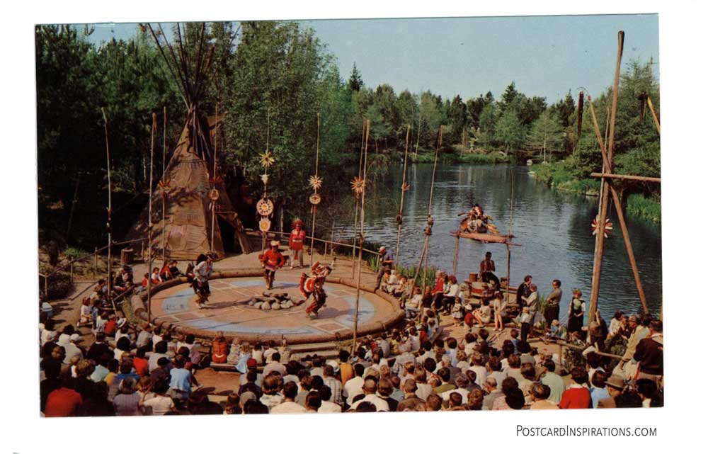 In Frotierland's Indian Village along the banks of the Rivers of America, hearty braves in their colorful native costumes entertain Disneyland's guests with authentic dances to the throbbing beat of Indian drums.