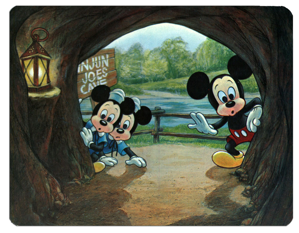 The Unknown Beckons
Mickey Mouse and his nephews are intrigued by the mysteries lurking within Injun Joe's Cave on Tom Sawyer Island. But dare they venture inside? (Postcard)