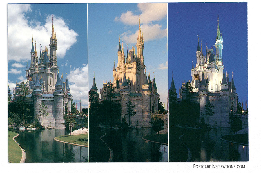 As day turns into night. Cinderella Castle undergoes a magical transformation. (Postcard)