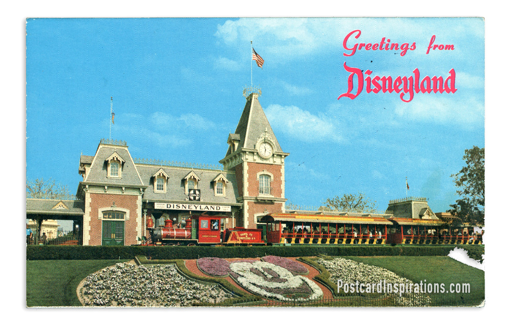 Guest entering Disneyland, are greeted by a floral Mickey Mouse at the Disneyland Depot were a scaled-down model of a passenger train of another era pops out of the station to take them on a scenic tour of Disneyland.