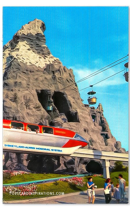 Matterhorn and Monorail – First in America, the Disneyland-Alweg Monorail System traverses the area overlooked by the Disneyland Matterhorn Mountain. Guests also enjoy the sky ride which goes through the Matterhorn.