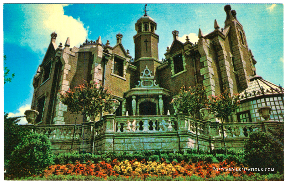 The Haunted Mansion (postcard) Hovering over to Riverbank, in "deathly splendor," is a mysterious Haunted Mansion... an active retirement home of 999 ghosts, ghouls, and goblins "dying" to meet visitors.