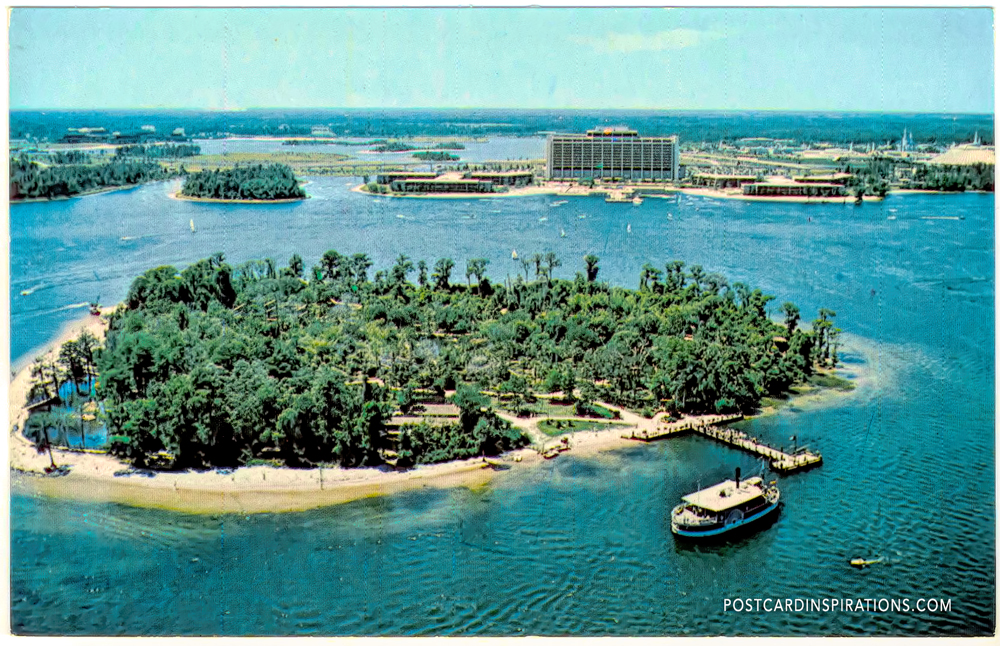 Discovery Island (Postcard) ... Pathways amble through a landscape lush with tropical blossoms. And more than 400 exotic birds run free in the world's largest walk-through aviaries.