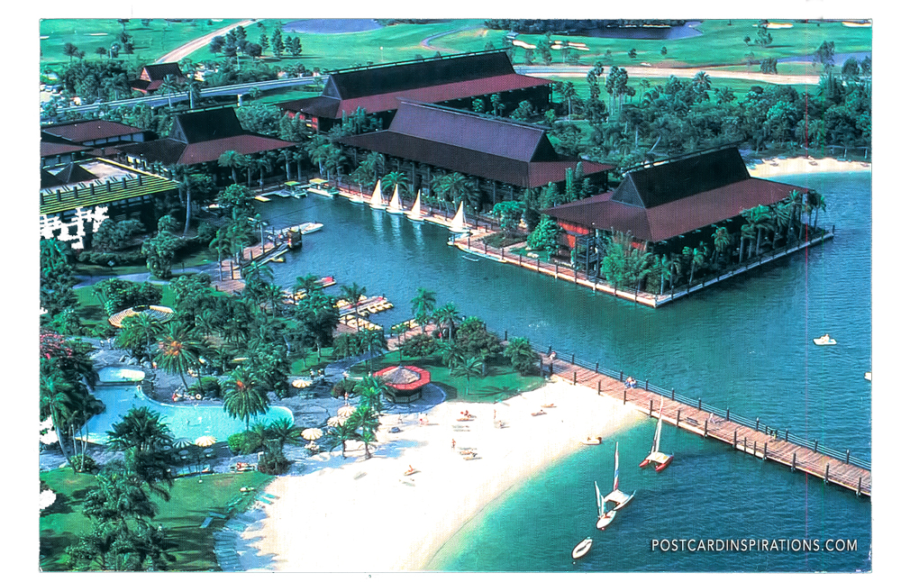 Polynesian Village Resort (Postcard) ... Lush tropical gardens around 11 native longhouses containing 855 rooms. Guests enjoy swimming, boating, and acres of white sand. At night, native dancers entertain at grand luaus.